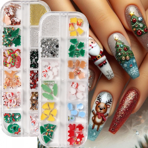 1box Kawaii Christmas Nail Decoration Adorable Santa Claus Elk Snowman Resin Design Steel Bead Xmas Accessories Jewelry