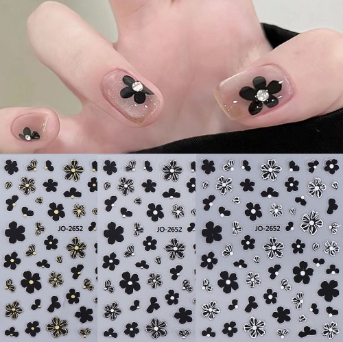 1pcs Black French Flower Nail Stickers Simple Gold Silver Petal Nail Decals Sliders Autumn Manicure Decoration