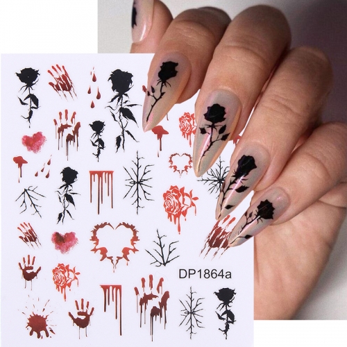 1pcs Red Rose Skull Nail Stickers Snake Sliders For Nails Halloween Design Butterfly Blood Heart Spider Web Decals Manicure Wrap