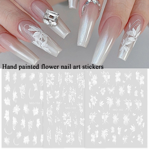 1 Pcs White Flower Nail Sticker Embossed Stickers Hand Painted Elegant Petal Magnolia Nail Art Decal Decor Nail Sticker