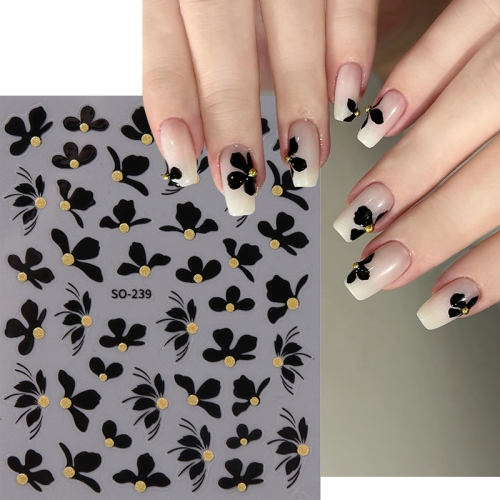 1pcs Black Flower Nail Stickers Decals Charms Simple Flowers Cute Butterfly Nail Art Adhesive Gel Sliders Summer Decoration