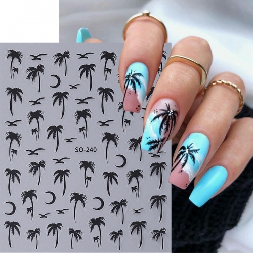 1pcs Tropical Coconut Trees Palm Leaves Nail Stickers Laser Silver Black Self Adhesive Sliders Decals Nail Decorations Accessories