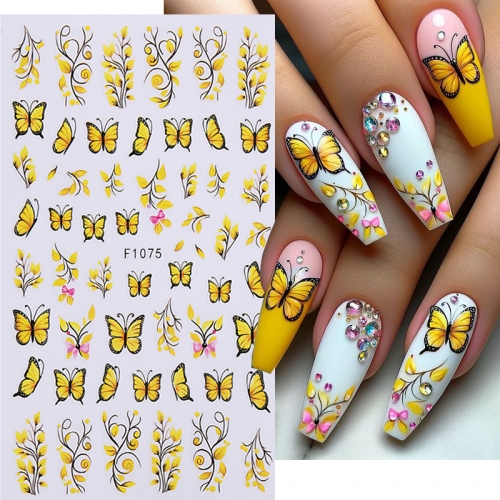 1pcs Yellow Flower Petals Nail Art Decals Butterfly Nail Sticker Elegant Design Spring Sakura Manicure Slider Decor