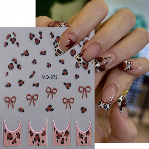 1Pcs New Kawaii Leopard Print Nail Stickers Cute France Relievo Bowknot Nail Decals Decoration Press On Nails Stickers