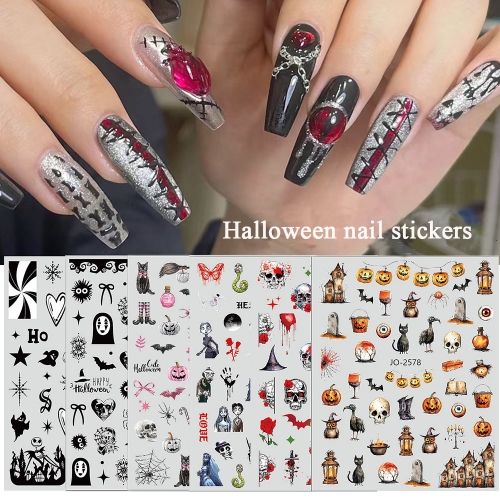 1 Pcs Pink Pumpkin Nail Stickers Halloween Cartoon Spider Heart Skull Decals Nail Decor Wraps Nail Sticker