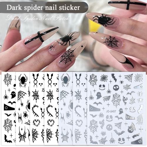 1 Pcs Halloween Nail Decals 3D Black Silver Spider Love Snake Back Adhesive Nail Wraps Nail Art Decoration Nail Sticker