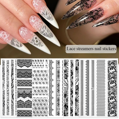 1pcs New Lace Nail Sticker With Back Adhesive Black And White Lace Nail Art Ornament Nail Decals