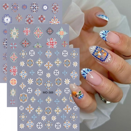 1 Pcs 5D Embossed Bohemian Pattern Nail Art Stickers Retro Elegant Embroidery Boho Style Flower Nails Decoration Decals Supplies Nail Sticker