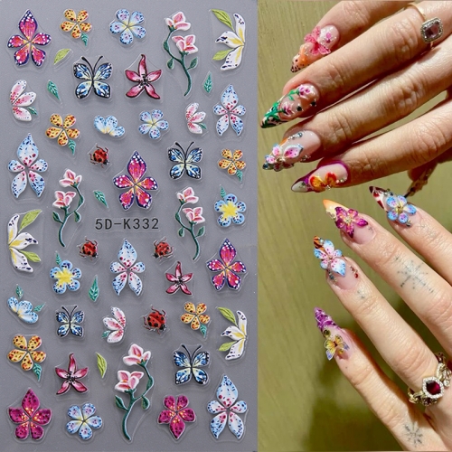 1Pcs 5D Embossed Flower Butterfly Nail Stickers Colorful Floral Petals Design Nail Art Decals Nail Sticker