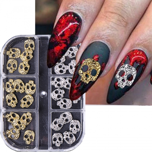 1 Box 3D Alloy Skull Nail Charms Silver Gold Metal Halloween Decoration Punk Gothic Skeleton Design 2025 Metallic Manicure Accessories Nail Accessorie