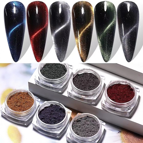 1Jar Magnetic Cat Eye Nail Powder 6 Color Mirror Effect Nail Rubbing Gust Manicure Decor Powder Nail Powder