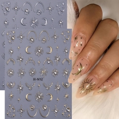 1 Pcs 3D Rhinestones Gold Silver Star Moon Bronzing Nail Stickers Retro Boho Style Line Design Adhesive Slider Decals Manicure Decor Nail Sticker