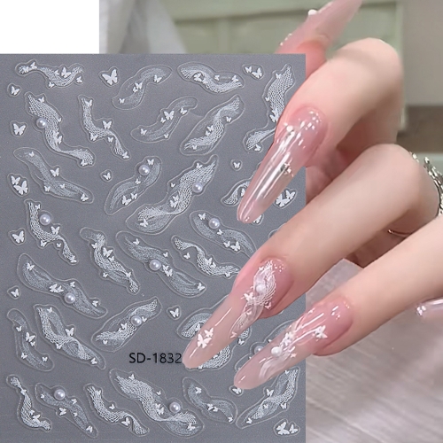 1Pcs Pearl Lace Nail Sticker White Ribbon Mnicure Sticker Decals 5D Relief DIY Weding Party Nail Slider With Pearls Nail Supplies Nail Sticker