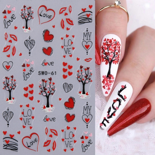 1Pcs 3D Nail Stickers Valentine's Day Heart Series Lips Nail Art Decoration Trees Press On Nails Decal Manicure Nail Sticker