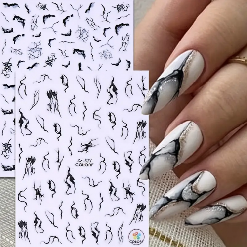 1Pcs 3D Flame Nail Sticker Silver Bronzing Stripe Lines For Nails Tribal Pattern Decals Black And White Marble Nail Sticker