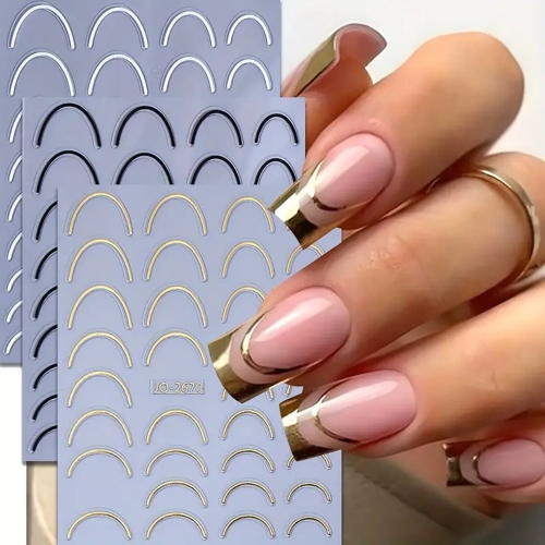 1Pcs Gold Silver French Curve Stripe Nail Stickers Simple Line Tape Art Design Adhesive Decals Manicure Tips Nail Sticker