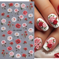 1 Pcs Classy Acrylic Flowers Engraved Nail Sticker Spring Pink Floral Leaf Design Adhesive Sliders Wedding Bride Manicure Decal JI5D-K Nail Sticker