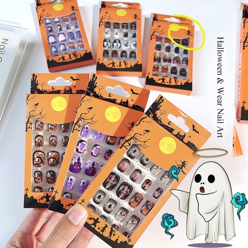 1Box Halloween Fake Nails Short Square Round Fake Nails Ghost Bat Pumpkin Festival Party Removable Reusable Nail Art Nail Tip