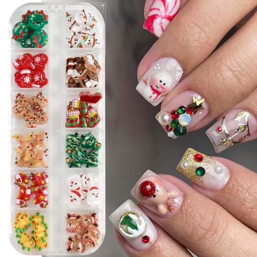 1Box 12 Grids Kawaii Christmas Nail Decoration Adorable Santa Claus Elk Snowman Resin Design Xmas Accessories Jewelry Nail Accessories