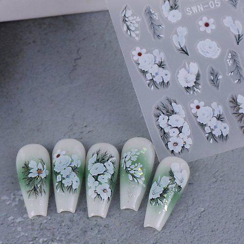 1Pcs Valentine's Day Floral Nail Stickers 3D White Rose Petal Nail Decoration Acrylic Adhesive Gel Sliders DIY Manicure Accessories Nail Art Decoratio