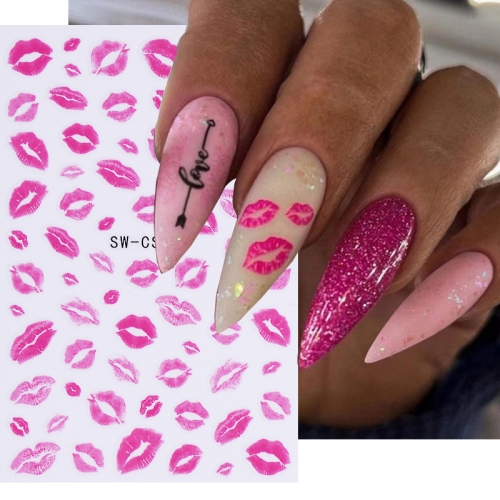 1Pcs 3D Leopard Pink Lips Nail Sticker Heartbeat Love Letter Rose Valentines Slider Manicure Art Decoration Tips Nail Sticker