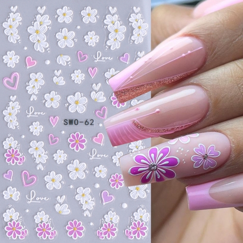 1Pcs 5D Nail Stickers Flowers Geometric Lines Decor Acrylic Embossed Sliders Nail Decals Cherry Blossom Manicure Nail Art Nail Sticker