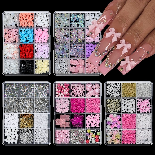 1Box Mixed 3D Color Resin Bow Pearl Heart Flat Back Diamond Nail Art Decoration Suitable Acrylic Nails DIY Nail Art Nail Accessory