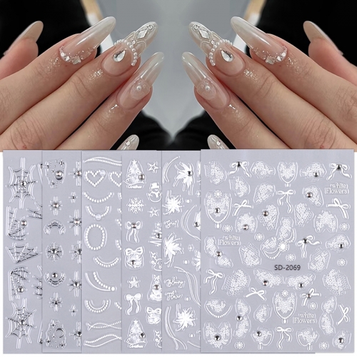 1 Pcs Elegant 5D Nail Art Stickers With Pearl Diamond Lace Wave Exquisite White Lines Nail Decoration Decals DIY Self Adhesive Slider Nail Stickerr