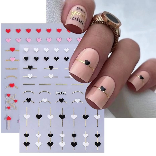 1Pcs Black White Red Love Heart Nail Stickers Metallic Golden French Line 3D Adhesive Slider DIY Valentine Design Manicure Decor Nail Sticker