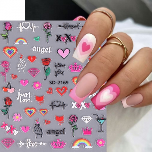 1Pcs Embossed Nail Stickers Valentine‘s Day Pink Heart Lips Decals Simple Ladies Manicure Decoration Nail Sticker