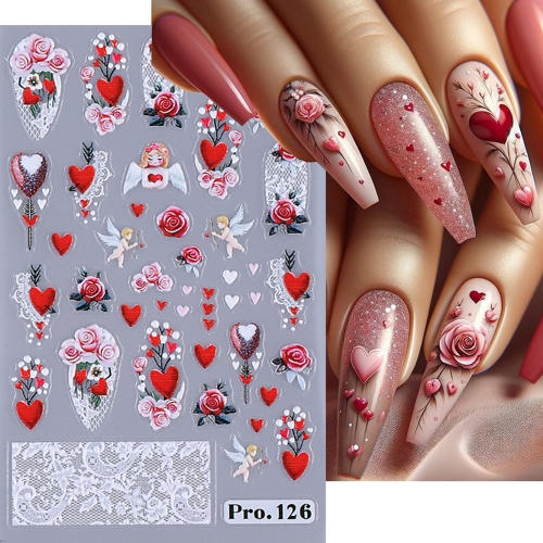 1Pcs 5D Valentines Embossed Nail Sticker Lace Rose Flower Letter Angel Red Love Heart Swan Butterfly DIY Romantic Manicure Decoration Nail Sticker