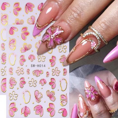 1Pcs 3D Pink Gold Flower Nail Stickers Metallic Gold Line Floral Petals Sakura Sliders Decals Spring Elegant DIY Manicure Decoration Nail Sticker