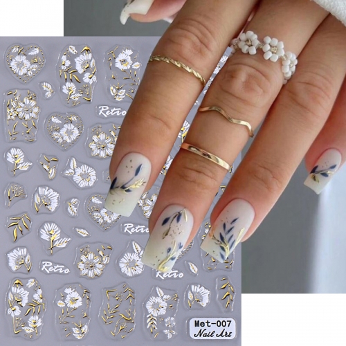 1Pcs Enamel Flower Nails Stickers Retro Cherry Blossom Gold Stroking Lines Bronzing 5D Sliders Manicure Decals Decor 