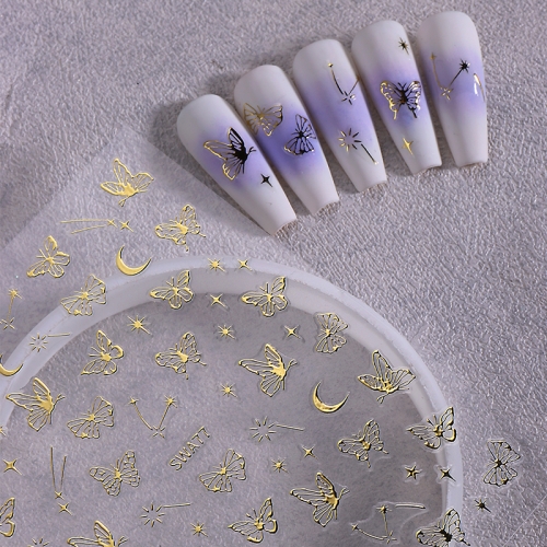 1Pcs Gold Crystal Retro Star Butterfly Nail Art Stickers 3D Glitter Sparkling Moon Nail Sticker Decals for Manicure DIY Slider Winter Nail Sticker