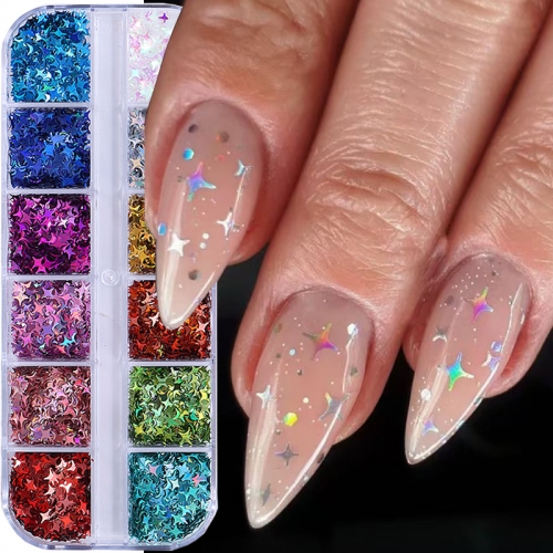 1Box Laser Star Shaped Chunky Glitter Nail Sequins Decorations Holographic Sparkly Flakes Gel Polish Nail Art Accessories Nail Accessory