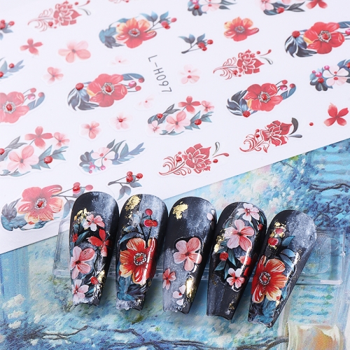 1Pcs Red Hibiscus Flowers Nail Stickers 3D Peach Blossom DIY Romantic Nail Art Decoration