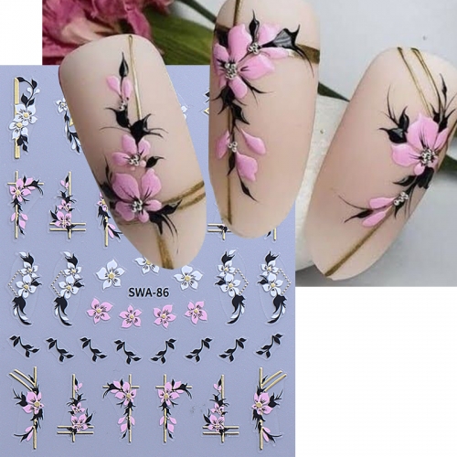 1 Pcs Flower Nail Stickers Petal Lines Decals Spring Nail Charms White Golden DIY Manicure Decoration Nail Sticker 