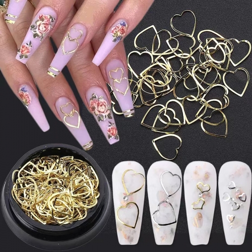 1Box 3D Metallic Nail Charms Decoration Gold Silver Hollow Sweetheart  Nail Parts DIY  Nail Accessories Nail Decoration