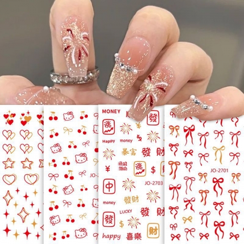 1Pcs Relief Colorful Chinese New Year Blessings Character Facai Fu Fortune Lucky Adhesive Nail Art Stickers Decals Manicure Charms