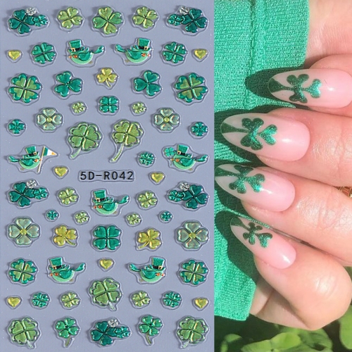 1Pcs 5D Embossed Green Four Leaf Clovers Nail Art Stickers Cute Lucky Leaf Sliders DIY Manicure Decoration Decals Nail Sticker