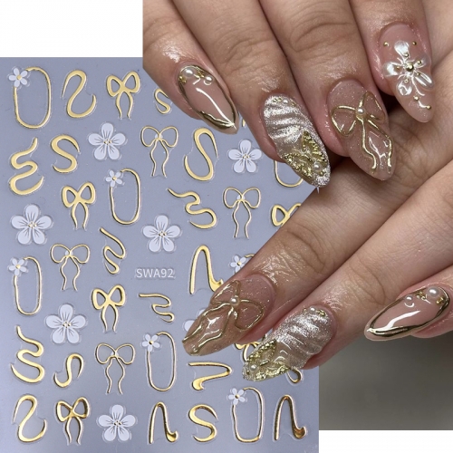 1Pcs 3D Metallic Gold Line Nail Stickers Snake White Daisy Bow Petals Floral Adhesive Sliders Decals DIY Charm Manicure Decor Nail Sticker