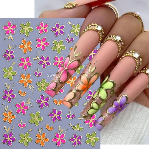 1Pcs Metallic Gold Line Nail Sticker 3D Colorful Petals Floral Adhesive Slider DIY Decals Manicure Decoration Nail Sticker