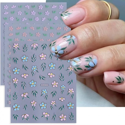 1Pcs Colorful Flowers Nail Sticker 3D Gold Line Spring  Petals Leaf Nail Decals DIY Spring  Holographic Manicure Decoration Nail Sticker