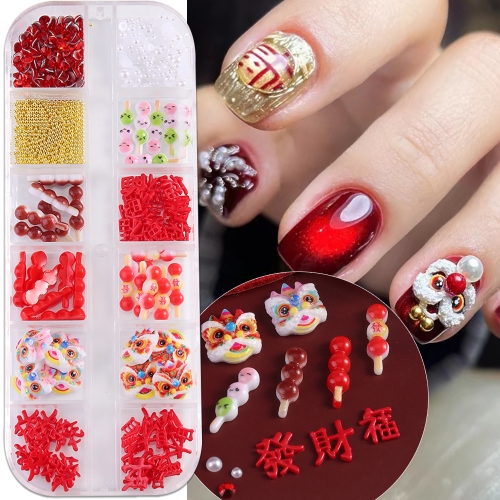 1Box 3D New Year Cute Candied Haws Stereoscopic  Lion Dance Pearl Nail Decoration Fashion DIY Manicure Accessories Gifts Nail Decoration