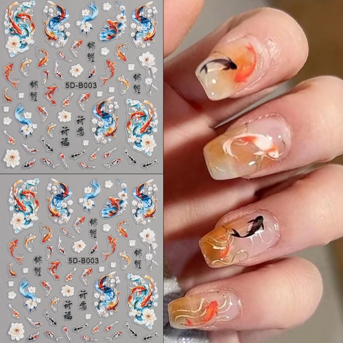 1Pcs New Chinese Style 3d Embossed Nail Art Stickers Semi-Transparent Koi Adhesive Sliders Decals Decorations For Nail Tips Nail Sticker