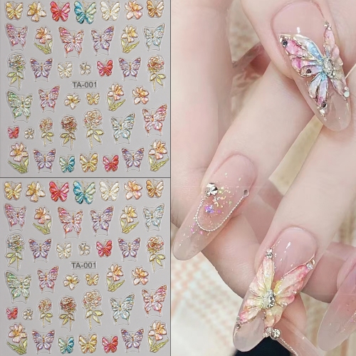 1Pcs Spring Embossed Nail Art Stickers Semi-Transparent Butterfly Adhesive Sliders Decals Decorations For Nail Tips Nail Sticker