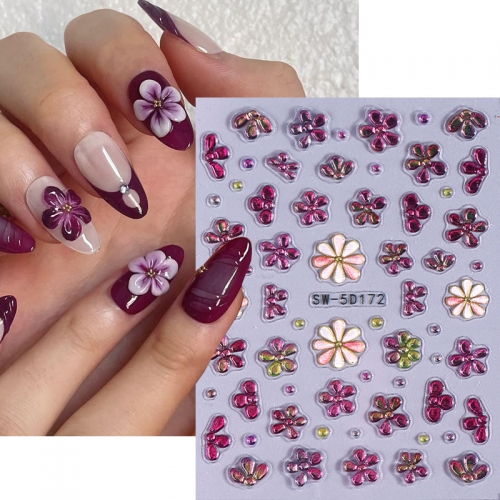 1Pcs 5D Spring Ice Flower Nail Stickers Cherry Blossom Daisy Flower Petal Butterfly Spring Decal Slider DIY Manicure Decoration Nail Sticker