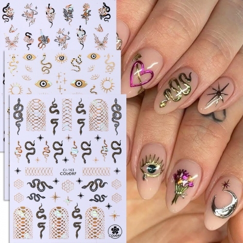 1Pcs Snake Nail Stickers Star Moon Black Gold Decal Slider DIY Manicure Decoration Nail Sticker