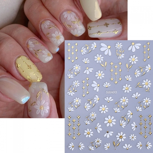 1Pcs 3D Spring Summer Gold Daisy Flower Nail Stickers Flower Leave Spring  Decal Slider DIY Manicure Decoration Nail Sticker