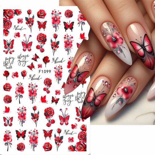 1Pcs Colorful Flower Nail Stickers Flower Rose Butterfly Spring Decal Slider DIY Manicure Decoration Nail Sticker